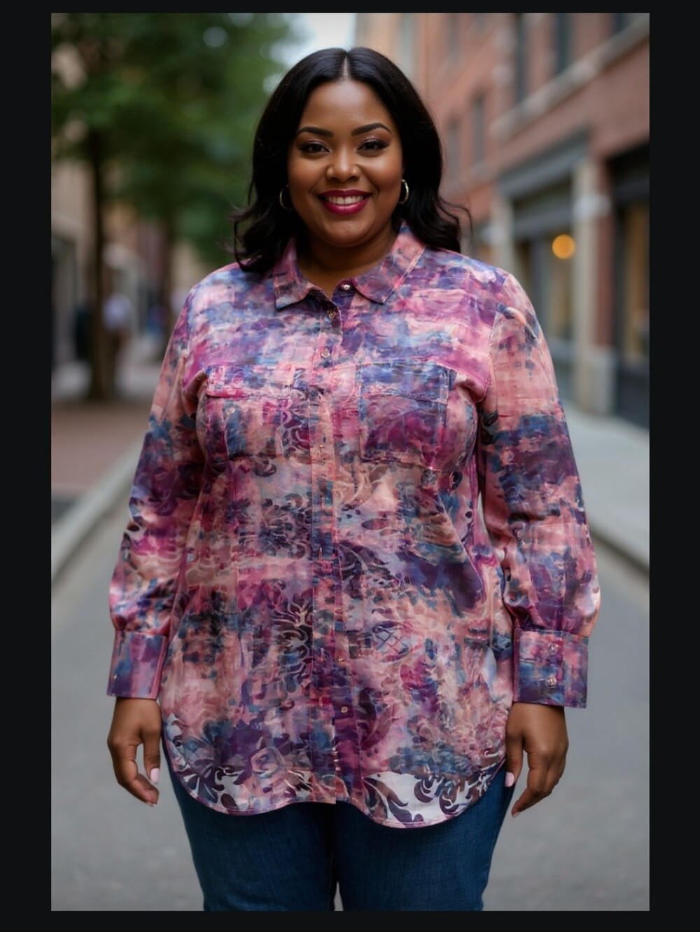 Plus-Size Floral Tie-Dye Button-Up Shirt in Pink and Purple EARRINGS INCLUDED